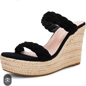 Braided Black Wedge Espadrille Platform Sandals Size 7